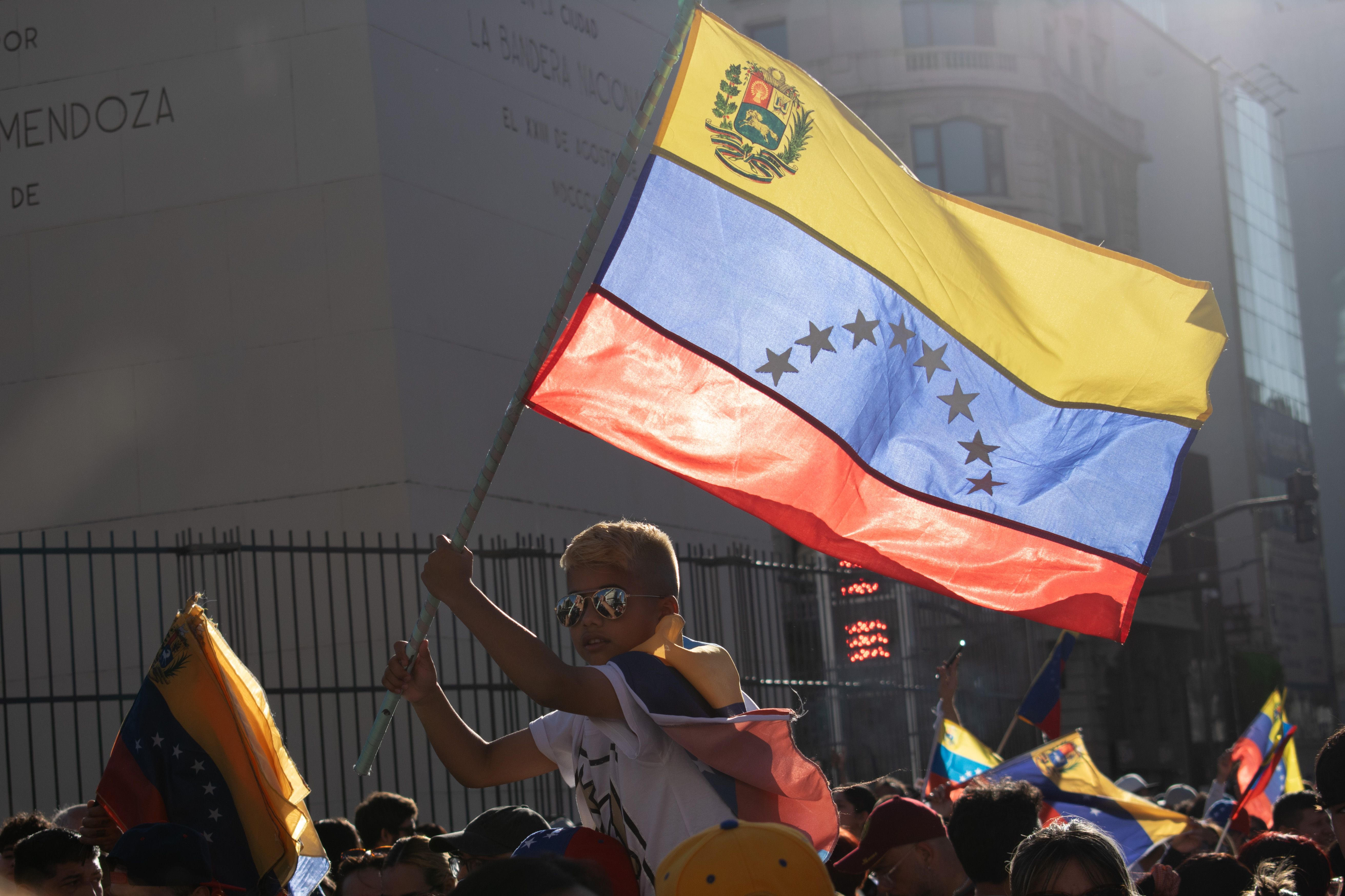 Child holding a Venezuelan flag in a public gathering.